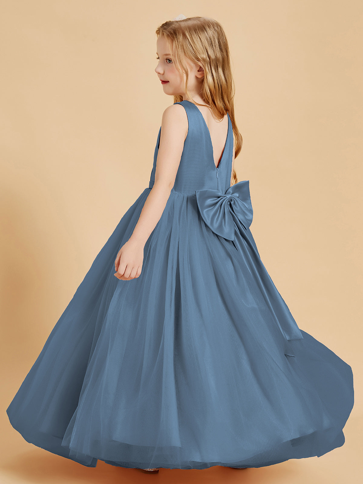 Tulle Junior Bridesmaid Dresses Satin Top Slate Blue